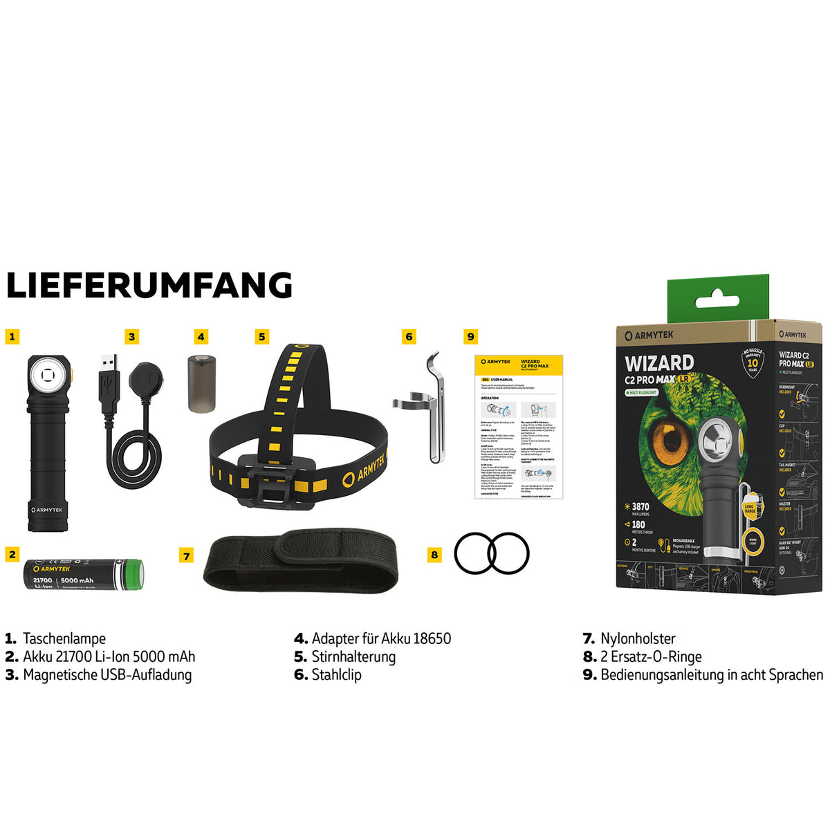 Armytek Wizard C2 Pro Max LR Warmweiß – Stirnlampe mit 3870 lm & Magnetladen