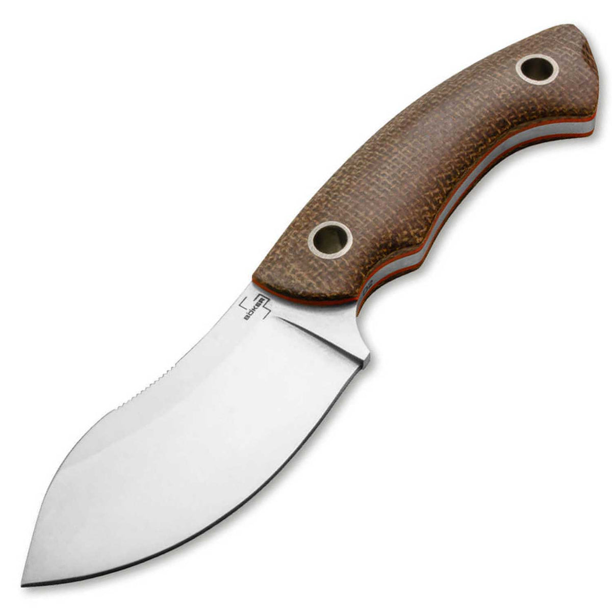 Böker Plus Nessmi Pro – kompaktes D2 Outdoormesser mit brauner Lederscheide. Produktansicht des kompakten Fahrtenmessers, Modell 02BO018.