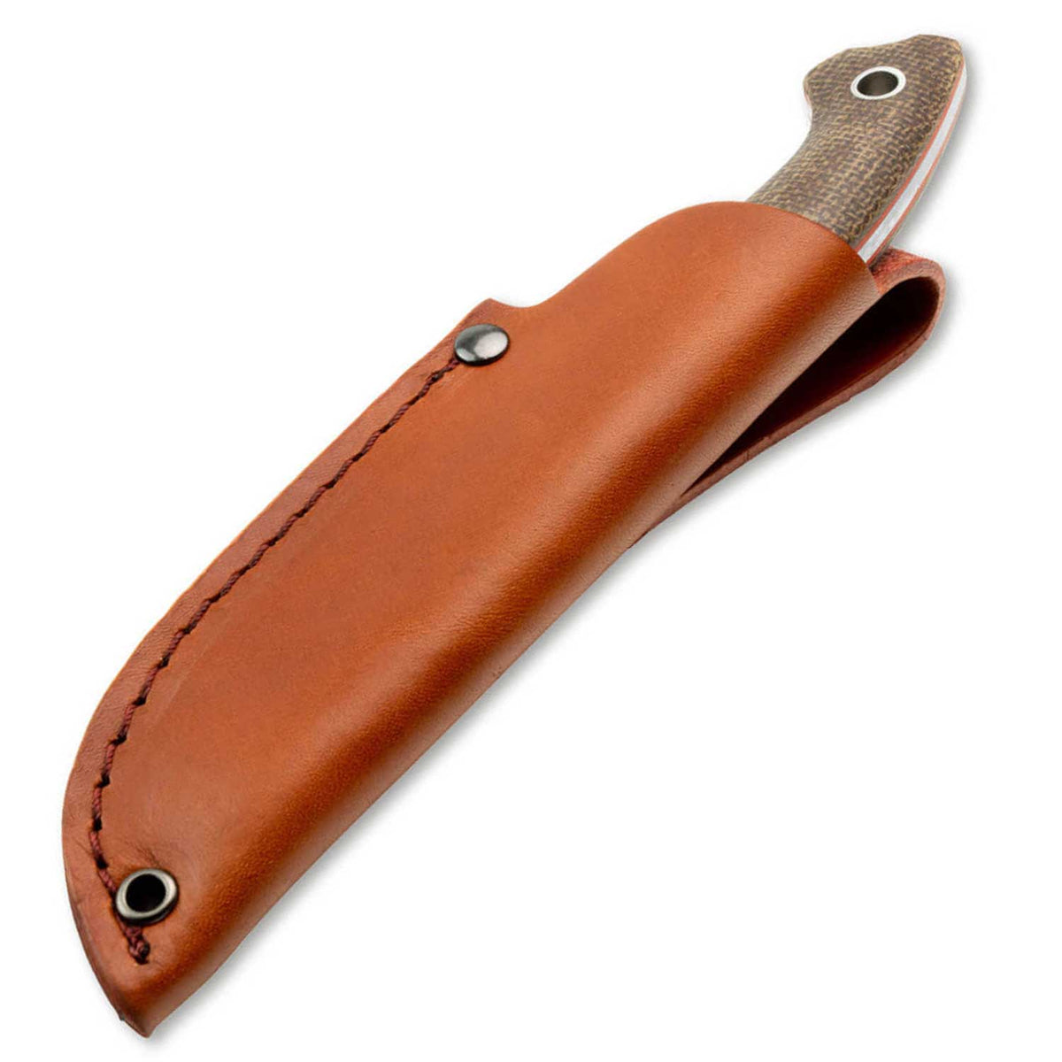 Böker Plus Nessmi Pro – kompaktes D2 Outdoormesser mit brauner Lederscheide. Ansicht der braunen Lederscheide zur Aufbewahrung des Messers.