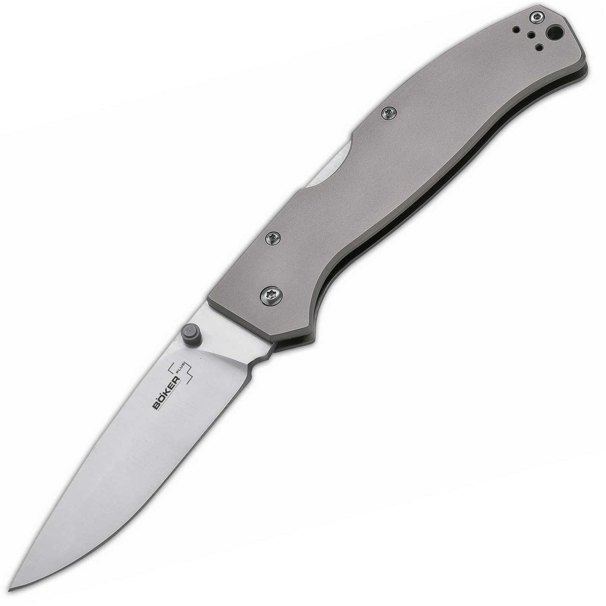Böker Plus Titan Drop – Taschenmesser mit Droppoint-Klinge und Titangriffschalen. Produktansicht des Taschenmessers mit Droppoint-Klinge und Titangriffschalen, Modell 01BO188.