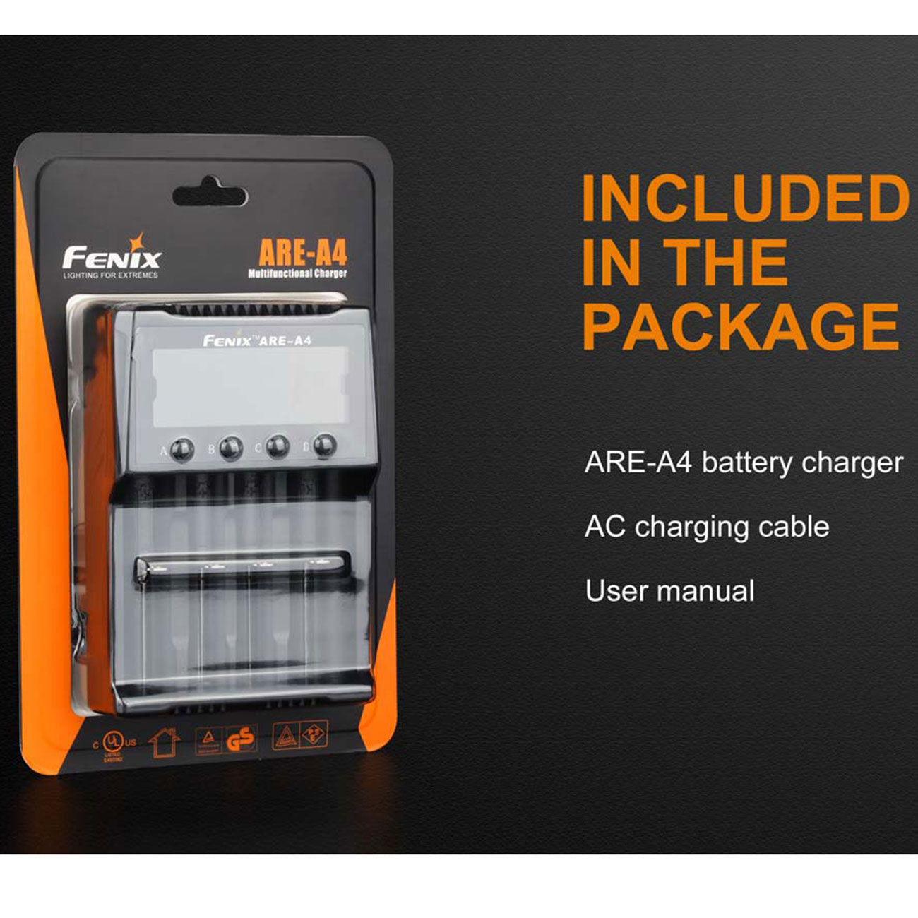 Fenix ARE-A4 digitales 4-Schacht Ladegerät 230V für Li-Ion & Ni-MH Akkus (B-Ware) – Detailansicht