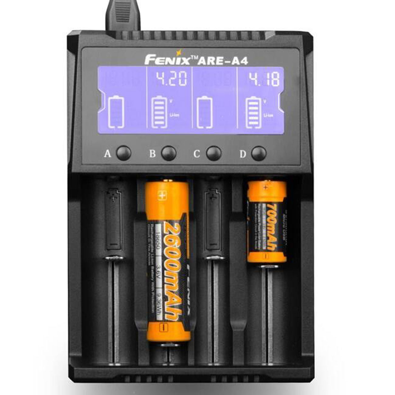 Fenix ARE-A4 digitales 4-Schacht Ladegerät 230V für Li-Ion & Ni-MH Akkus (B-Ware) – Detailansicht