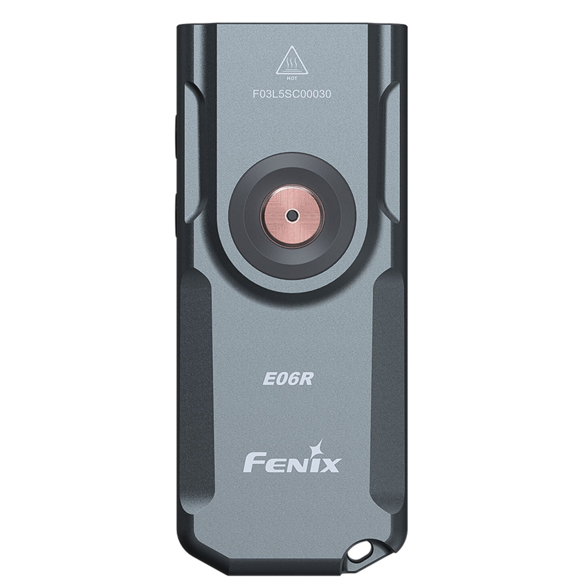 Fenix E06R – Schlüsselbundlampe mit 700 Lumen, UV-Licht und rotem Laser. Produktansicht der grauen Schlüsselbundlampe.