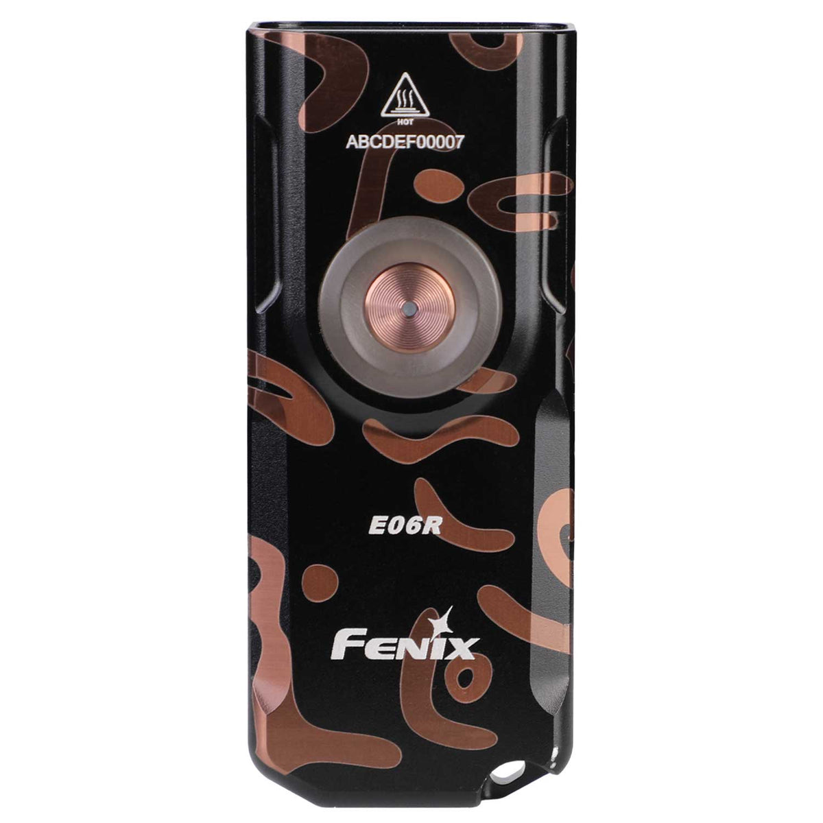 Fenix E06R – Schlüsselbundlampe mit 700 Lumen, UV-Licht und rotem Laser. Graffiti-Ausführung mit eingebautem Akku und Camouflage-Design.