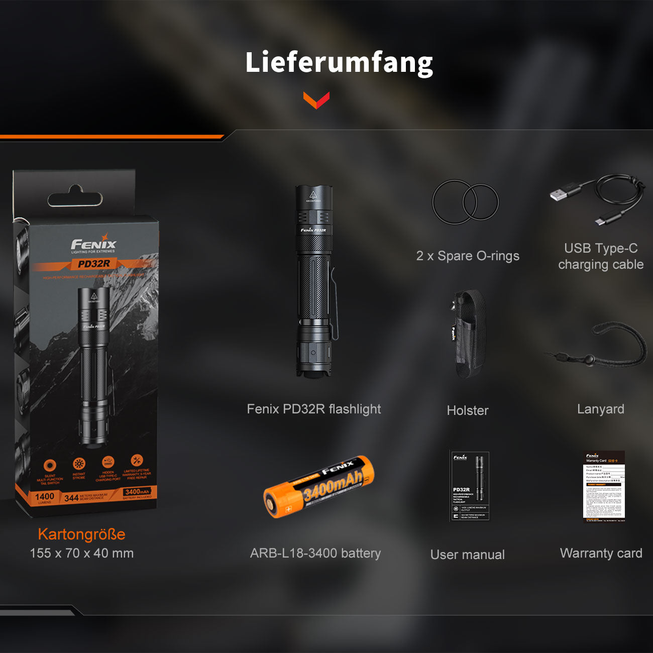 Fenix PD32R schwarz – Taktische Taschenlampe mit 1400 lm, Akku & USB-C