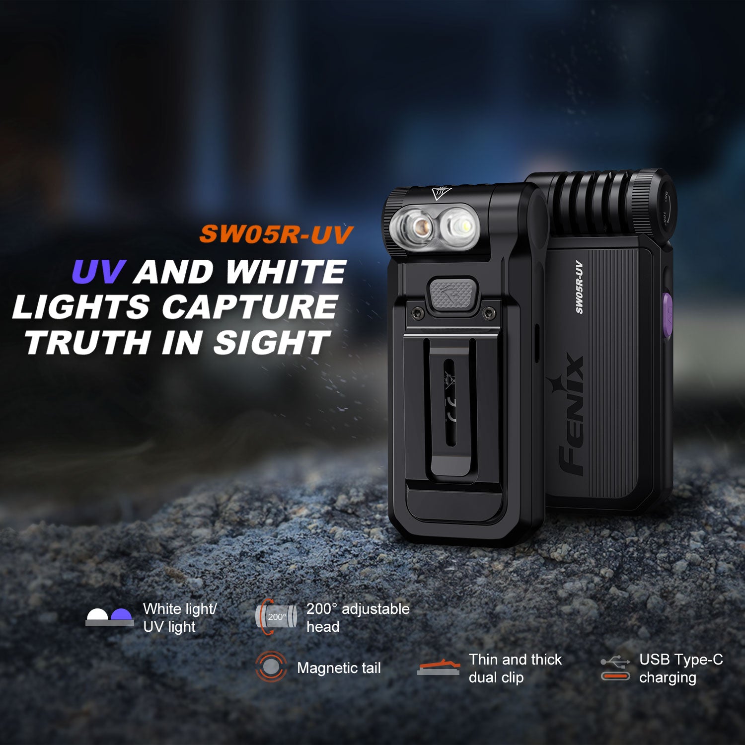 Fenix SW05R-UV LED Taschenlampe 150 Lumen Weißlicht + UV-Licht mit Clip & Magnet – Detailansicht