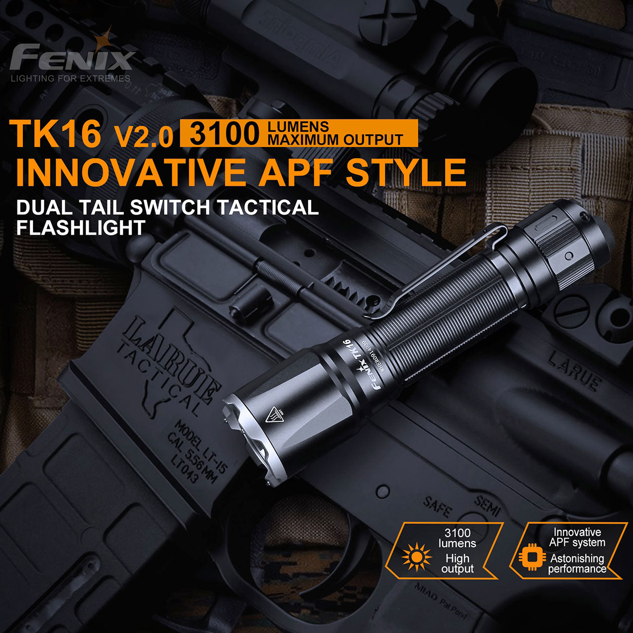 Fenix TK16 V2.0 LED Taschenlampe 3100 Lumen, 300m Leuchtweite, USB-C, Holster, schwarz – Farbvariante schwarz, Lichtbild und Leuchtleistung