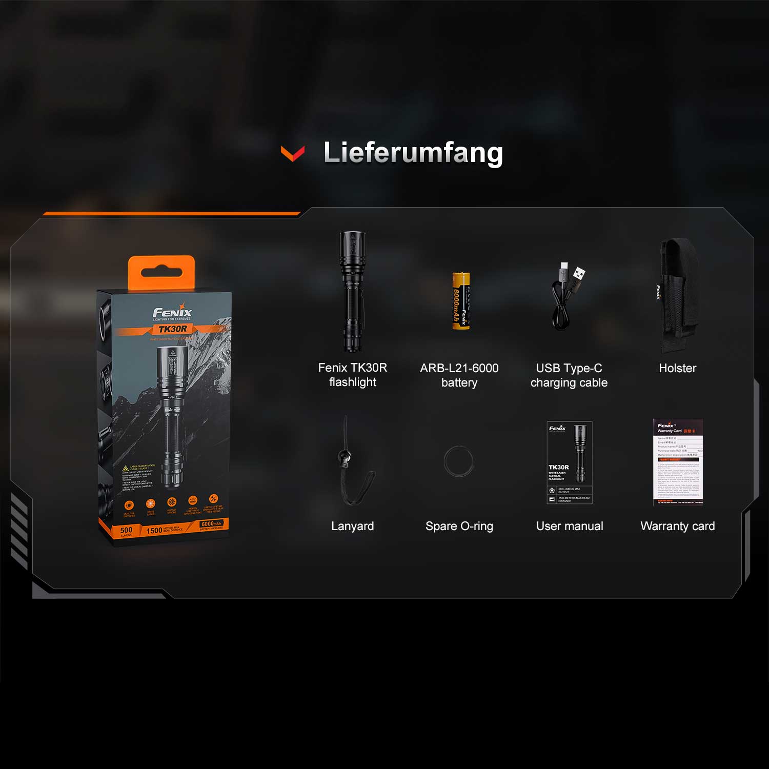 Fenix TK30R LED Taschenlampe mit weißem Laserlicht - Lieferumfang