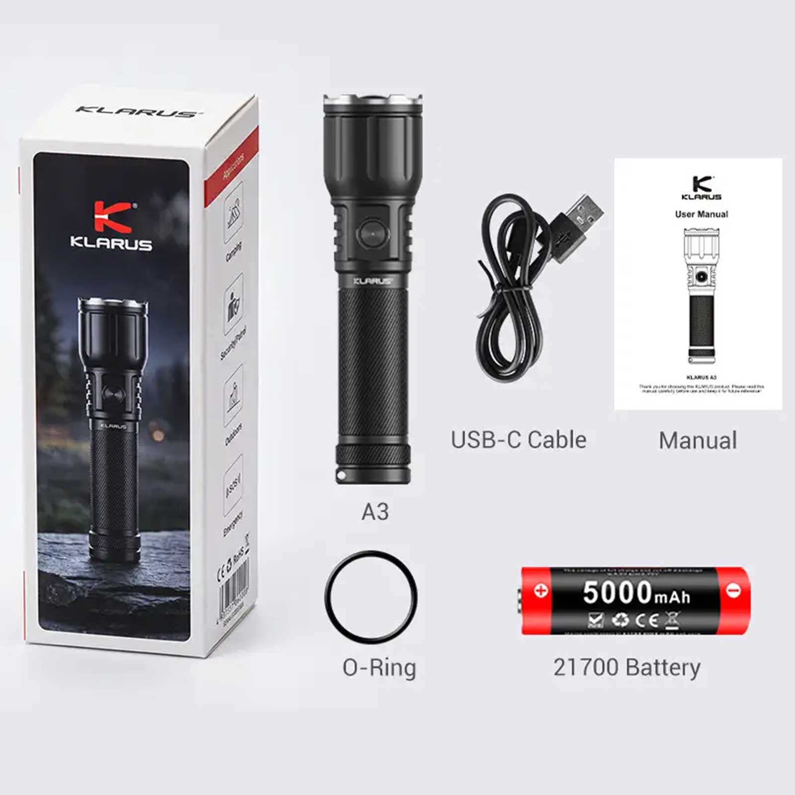 Klarus A3 Zoom – fokussierbare Taschenlampe, 2200 lm, Akku & USB-C (Modell 2026)