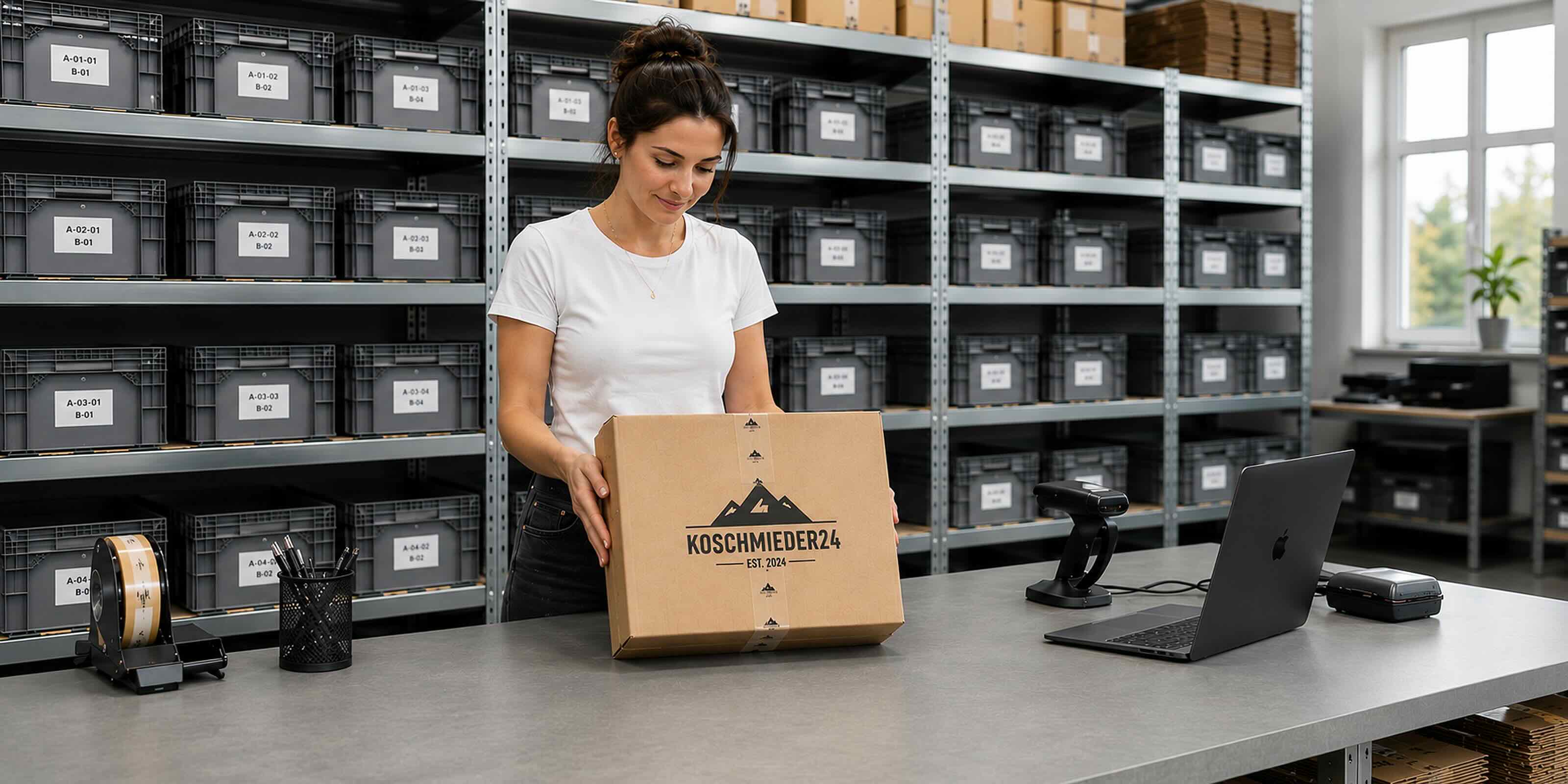 Koschmieder24 mitarbeiterin vor packtisch mit paket in der hand