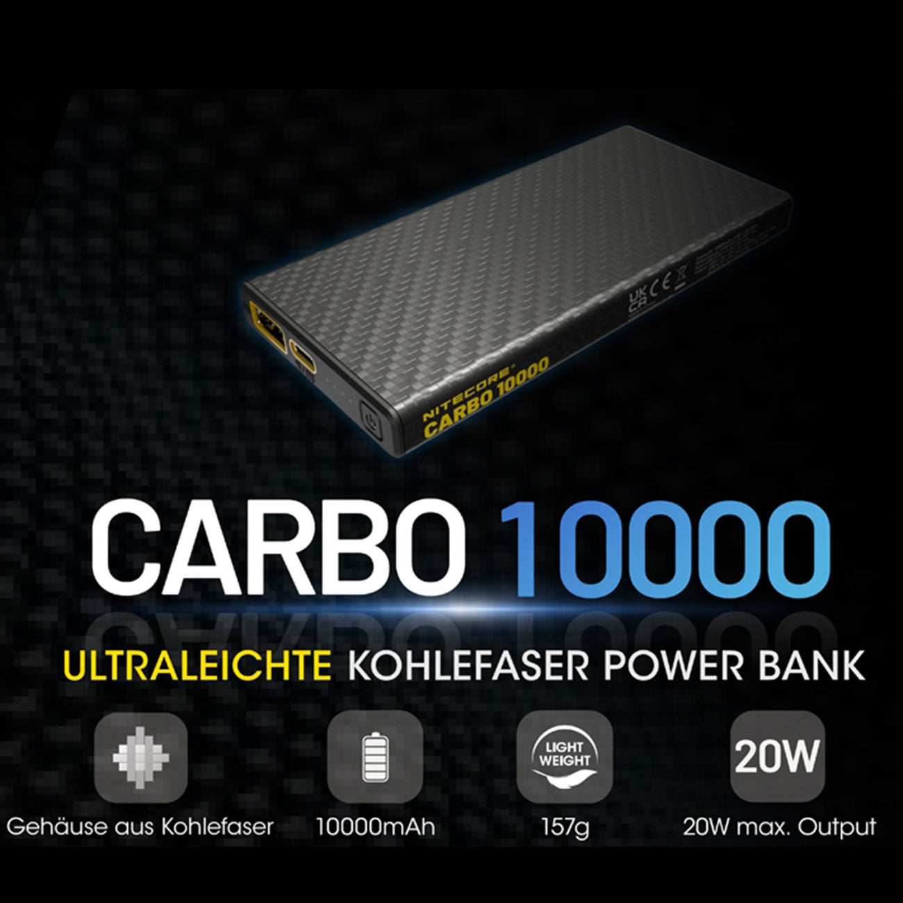 Nitecore CARBO10000 - ultrarobuste 10000mAh Powerbank, Carbongehäuse, 157g – Detailansicht