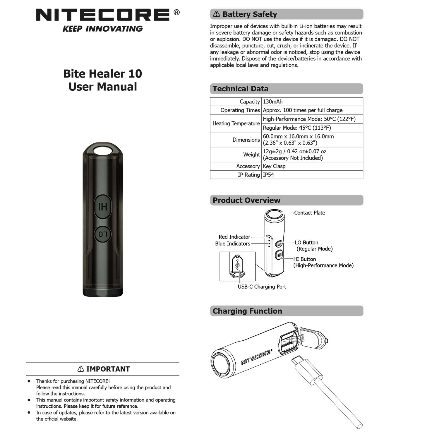 Nitecore Bite Healer 10 – Insektenstichheiler mit 2 Wärmestufen USB-C aufladbar – Detailansicht