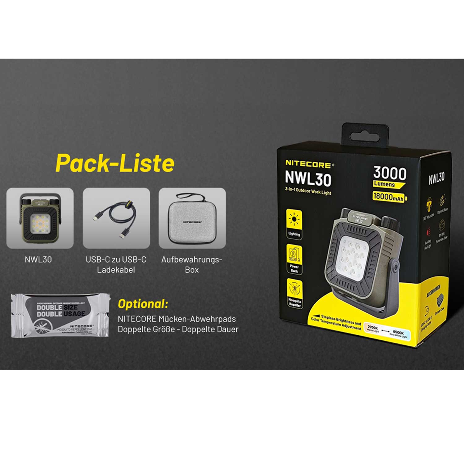 Nitecore NWL30 – 3000 Lumen LED Campinglampe & Arbeitsleuchte mit Mückenabwehrfunktion – Detailansicht