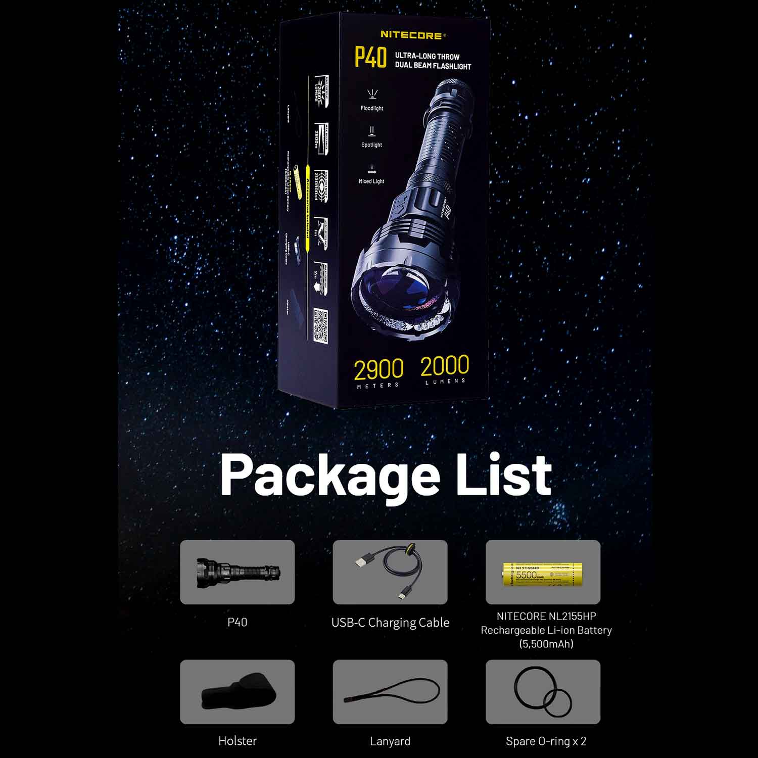 Nitecore P40 – Laser LEP Taschenlampe mit 2000 Lumen, 2900 m Reichweite, Akku USB-C – Detailansicht