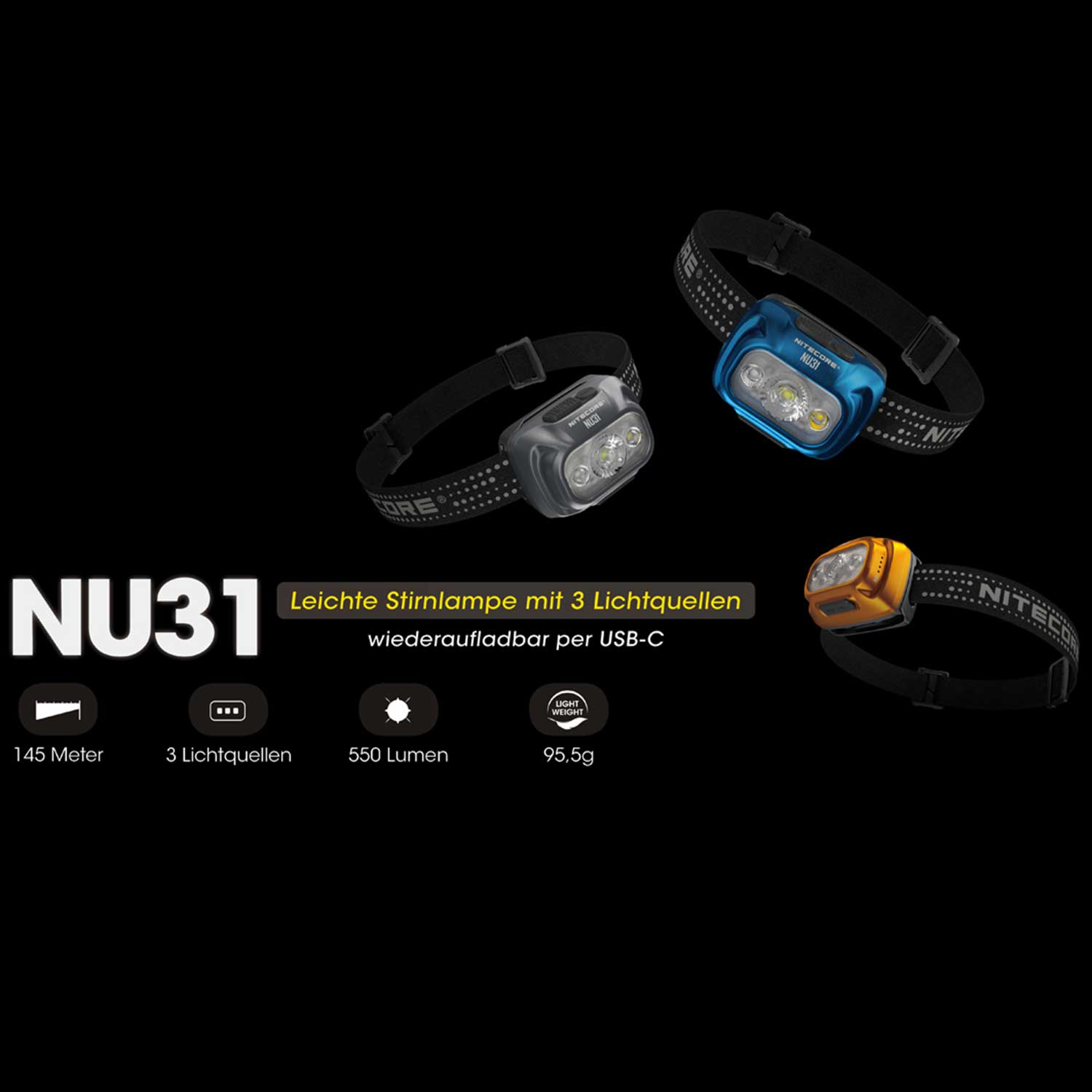 Nitecore NU31 - Leichte LED Stirnlampe 550 Lumen mit Akku und USB-C – Detailansicht