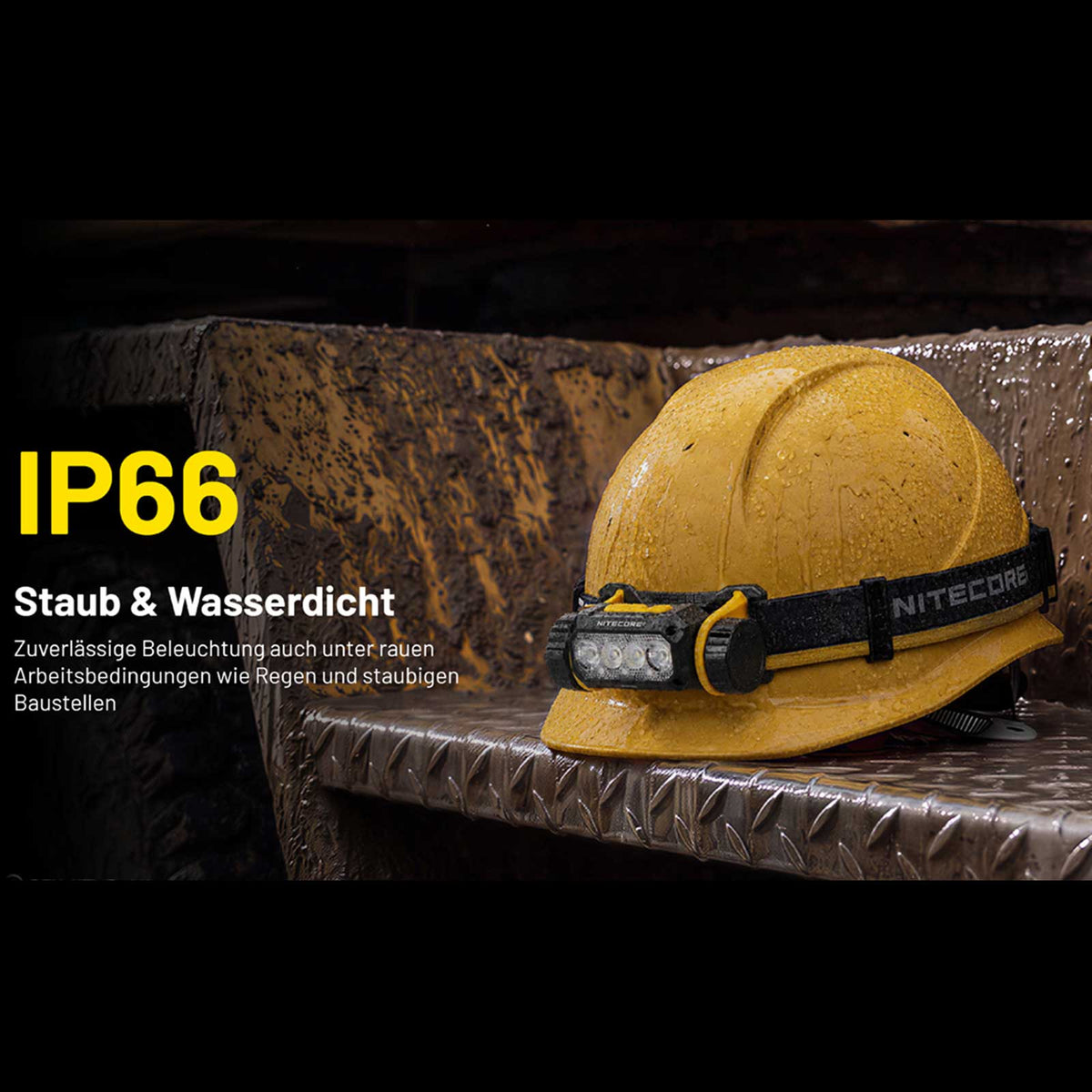 Nitecore NWH20 – Arbeits-Stirnlampe mit 600 Lumen, stufenlosem Fokus und USB-C-Akku. Darstellung der Stirnleuchte für die Nutzung am Helm.