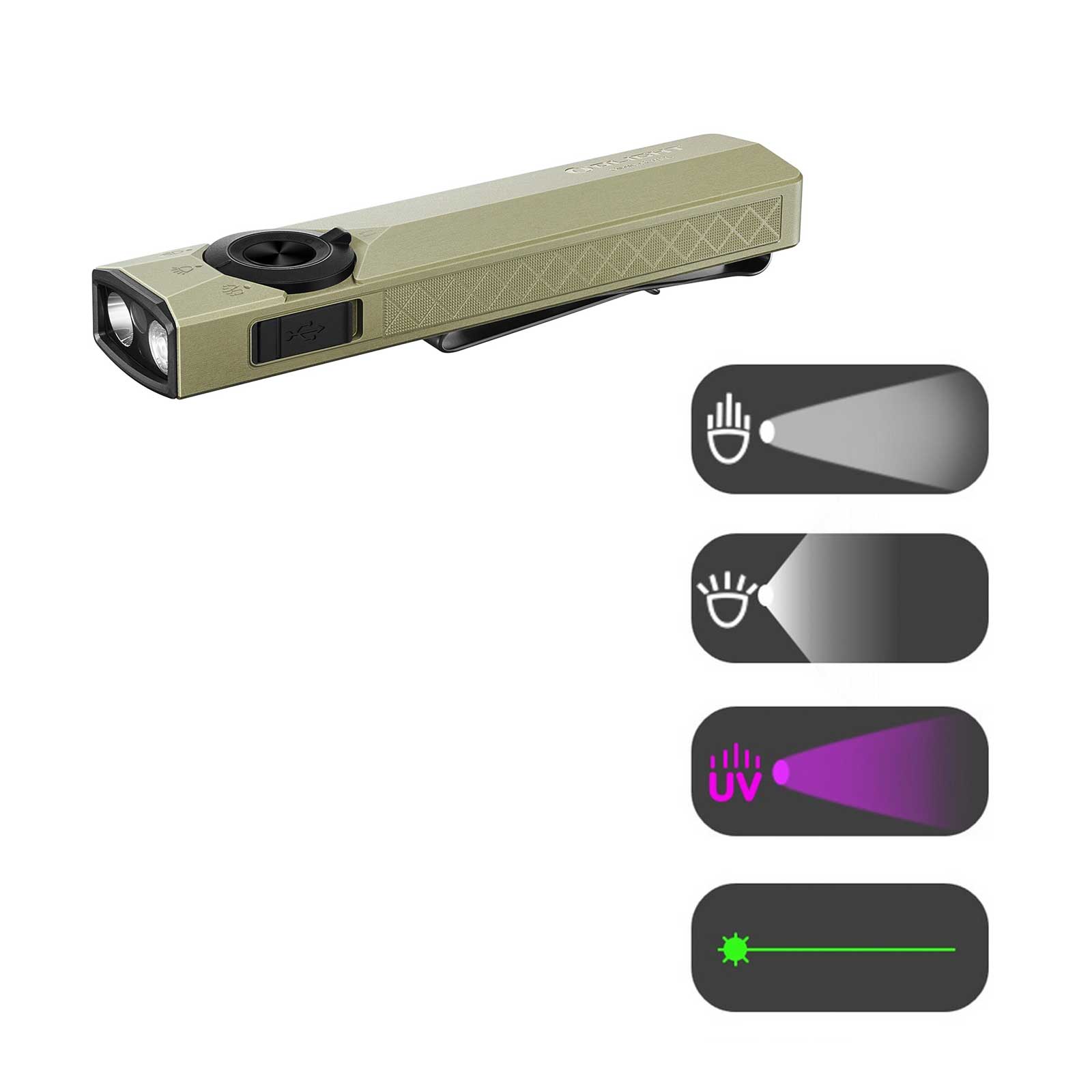 Olight ArkPro Oliv grün – EDC Taschenlampe mit UV-Licht & grünem Laser – Detailansicht