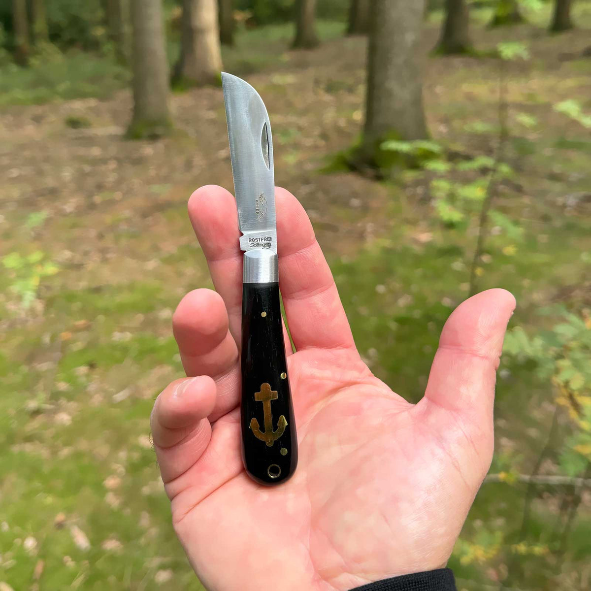 Otter Ankermesser Grenadill klein – in der Hand als Größenvergleich