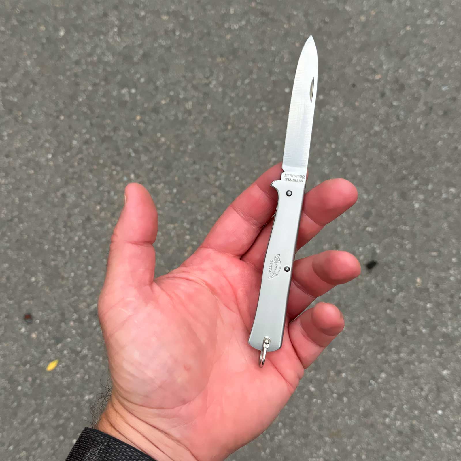 Otter Mercator klein - Edelstahl Taschenmesser, rostfreie Klinge (10-801 – Größenvergleich in der Hand