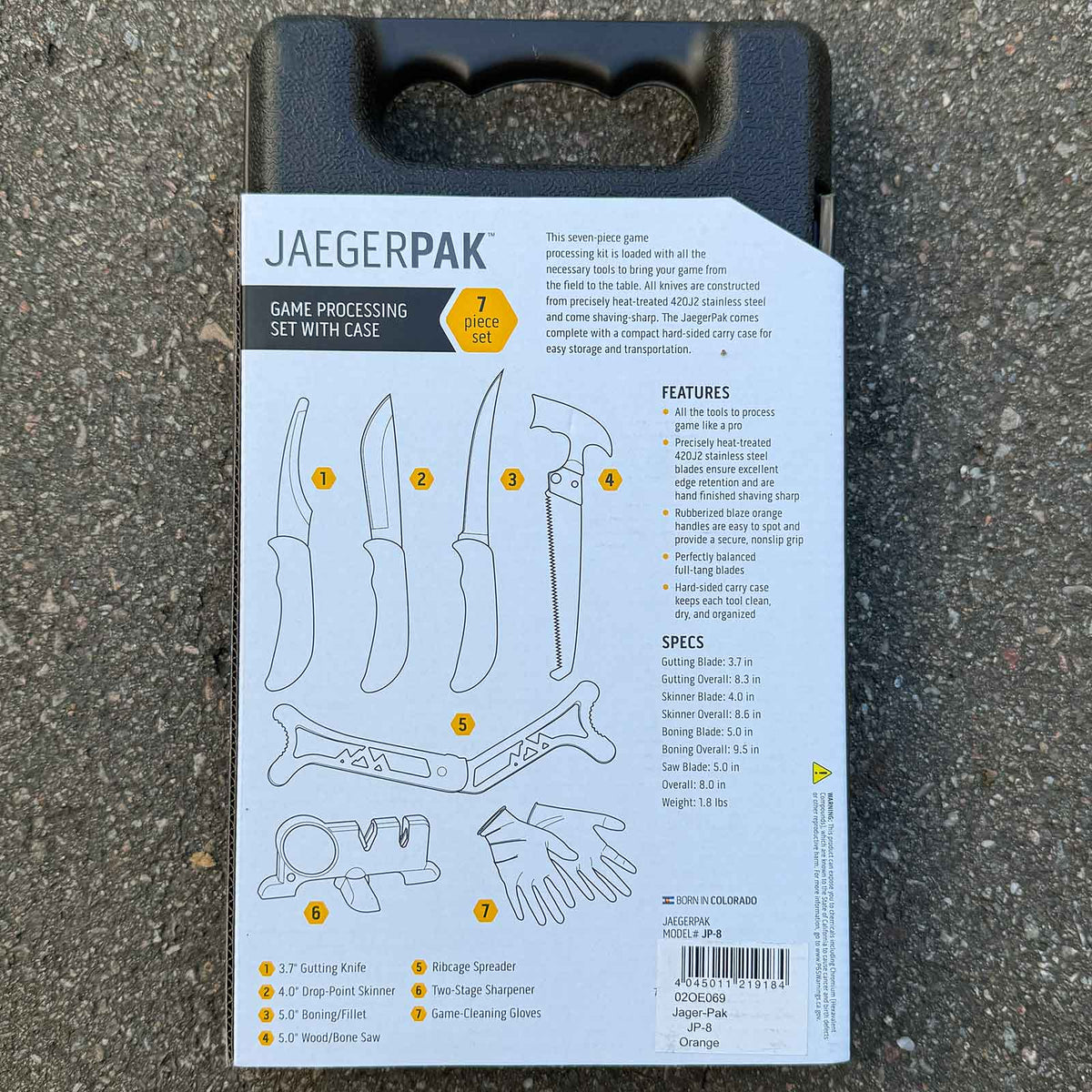 Outdoor Edge Jaeger Pak – 8-teiliges Jagd-Zerwirkset mit Knochensäge & Koffer – Detailansicht