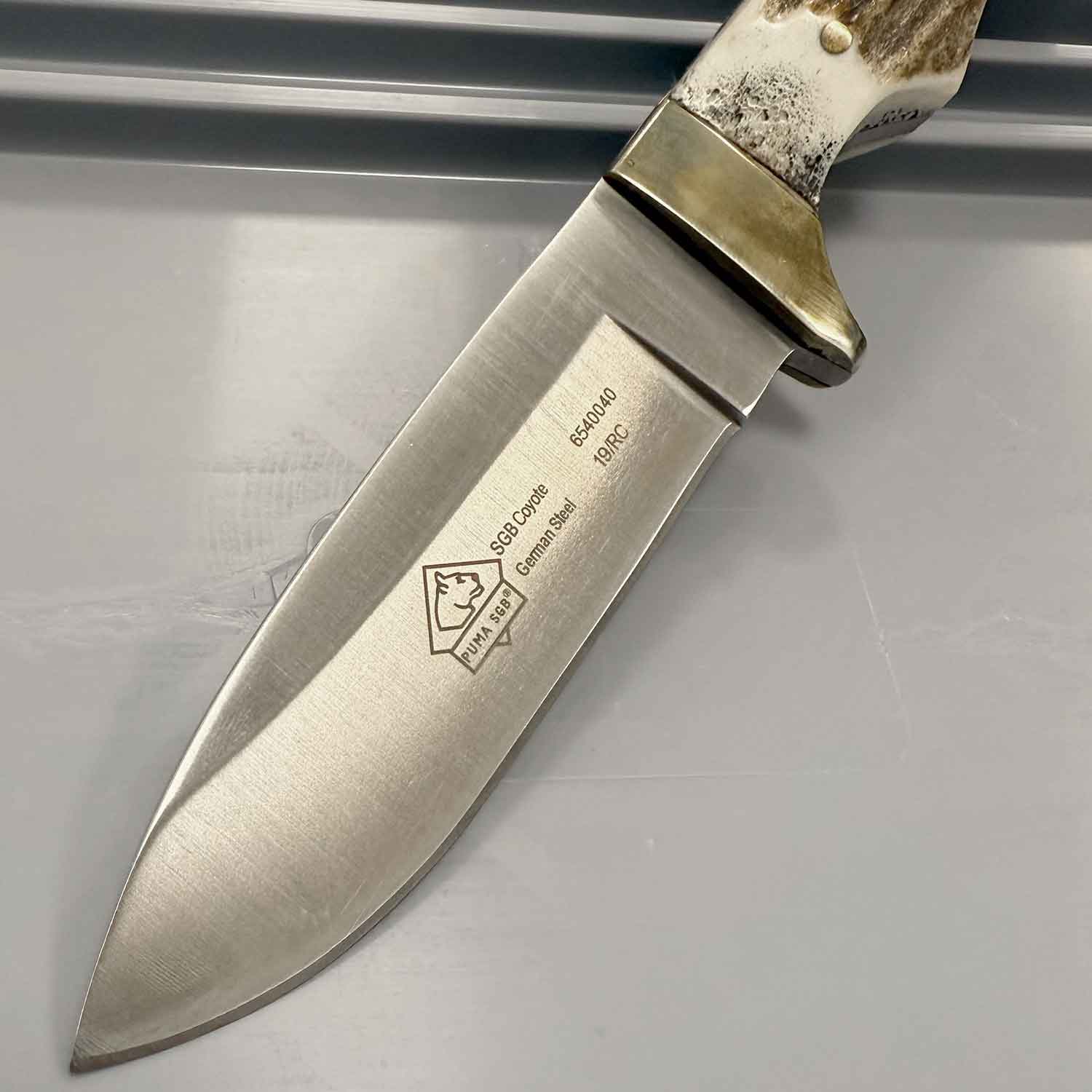 Puma SGB Coyote Stag - Outdoor Messer mit Hirschhorn Griffschalen & handgenähter Lederscheide – Detailansicht