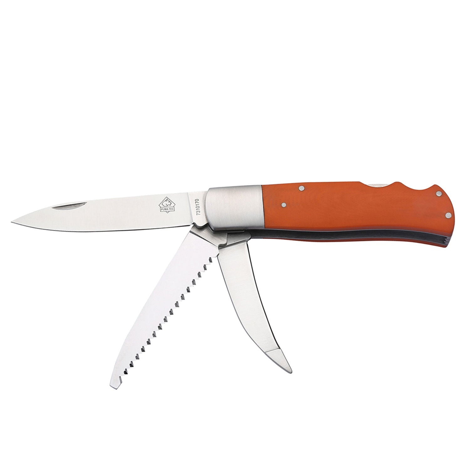 Puma TEC Jagdtaschenmesser mit Säge und Aufbrechklinge inkl. Lederetui – Farbvariante orange, Klinge und Schneide