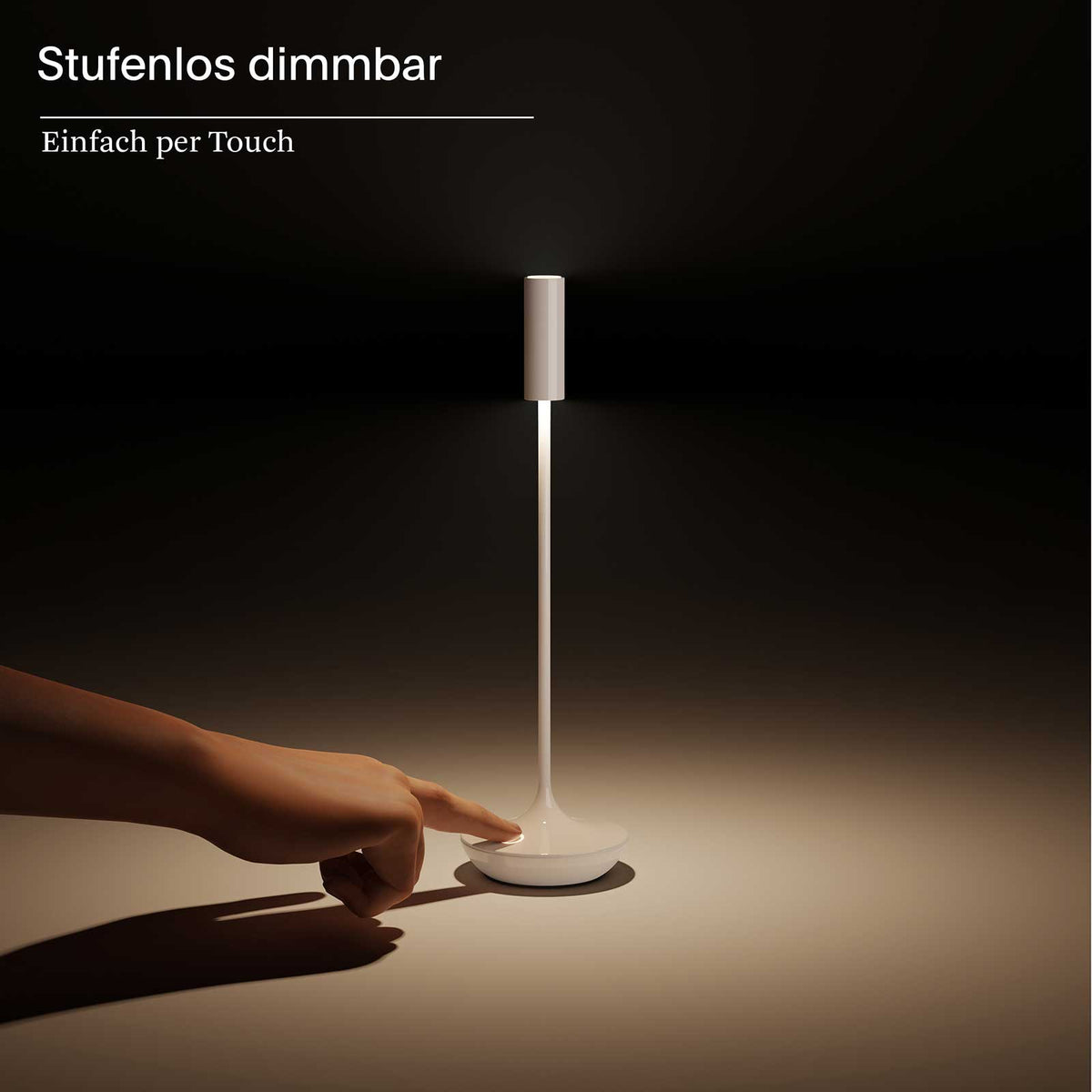 Sigor Nucandle Keramikweiß – 31 cm Akku-Tischleuchte mit Touch-Dimmer und 2700 K. Darstellung der Dimmfunktion der keramikweißen Tischleuchte.