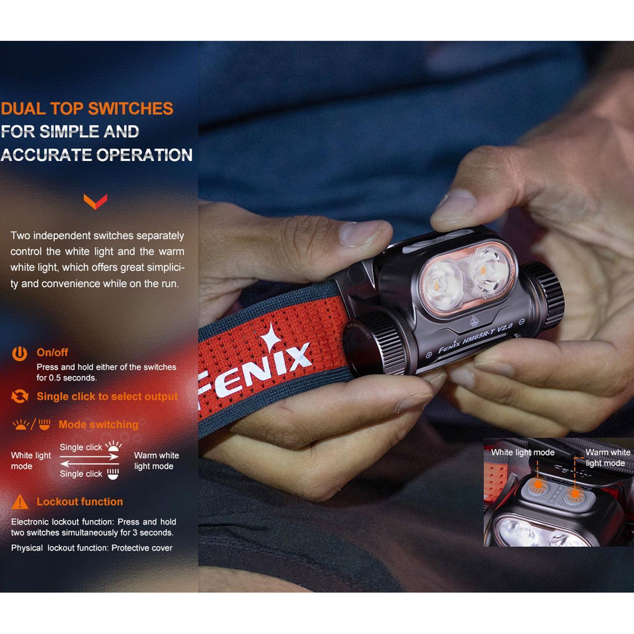 Fenix HM65R-T V2.0 Trailrunning Dual LED Stirnlampe 1600 Lumen 3 Farbvarianten – Schalter und Endkappe, Kopfband und Tragesystem