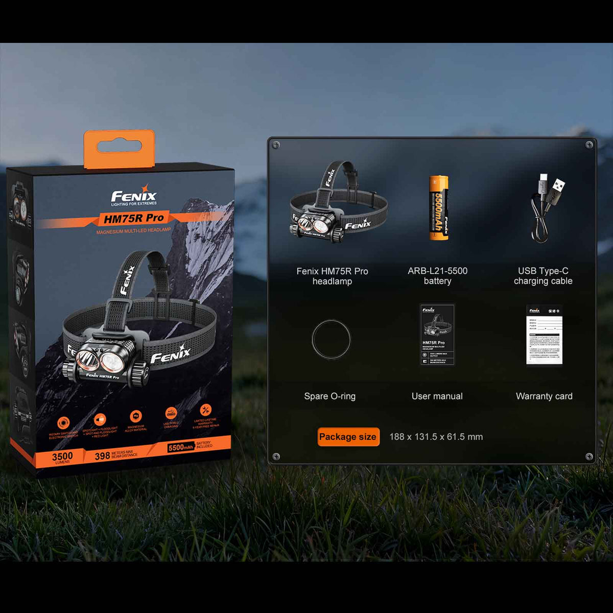 Fenix HM75R Pro – Stirnlampe mit 3500 lm, Spot-/Flutlicht, Rotlicht & 5500-mAh-Akku