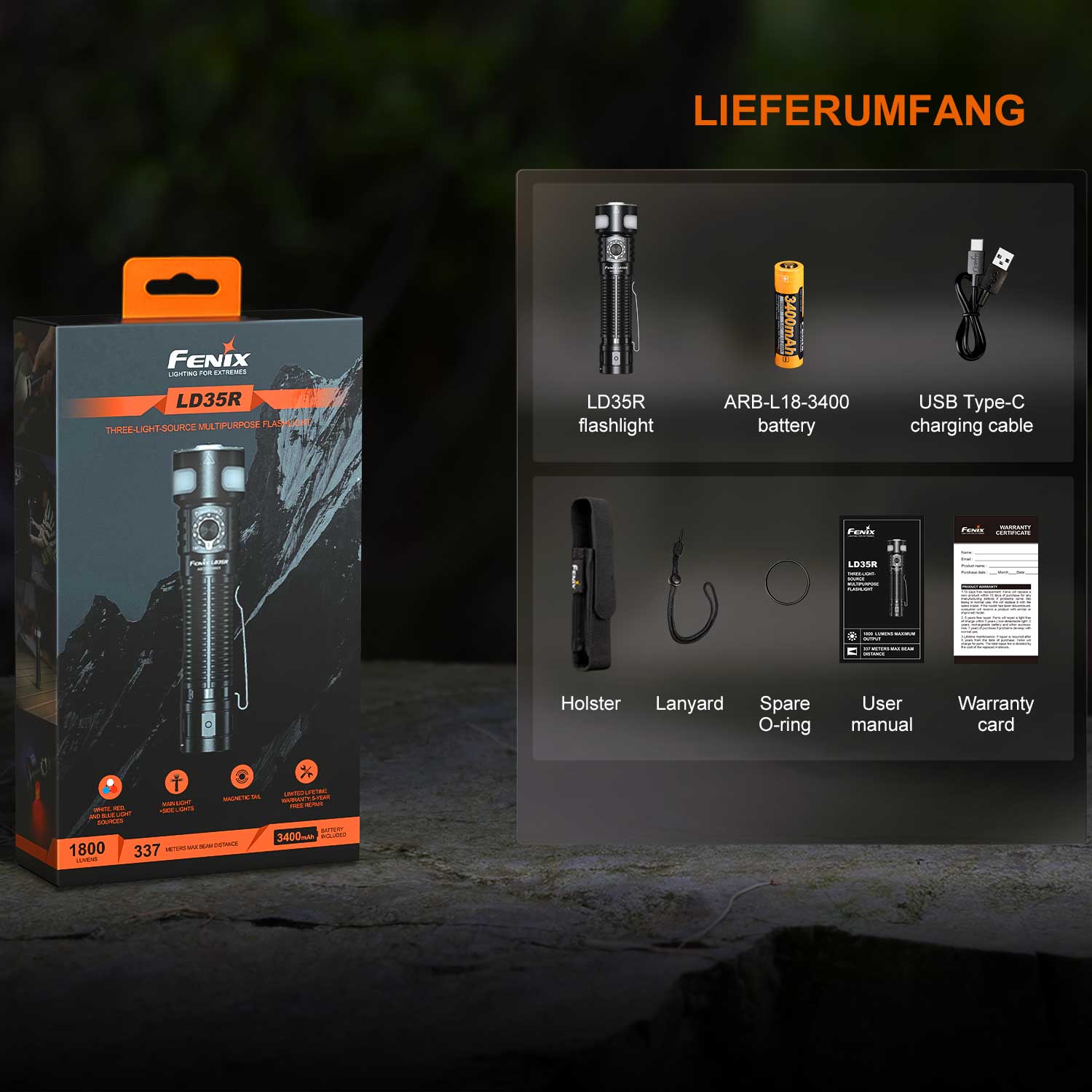 Fenix LD35R LED Taschenlampe mit 360° Seitenlicht weiß, rot, blau 1800 Lumen USB-C – Detailansicht