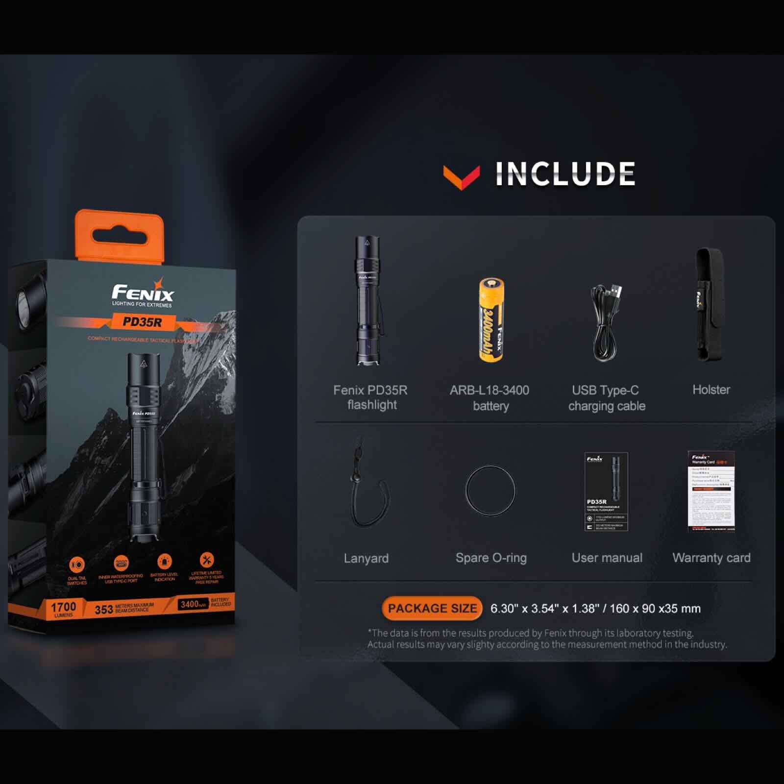 Fenix PD35R – Taktische Taschenlampe mit 1700 lm, 3400 mAh Akku & USB-C
