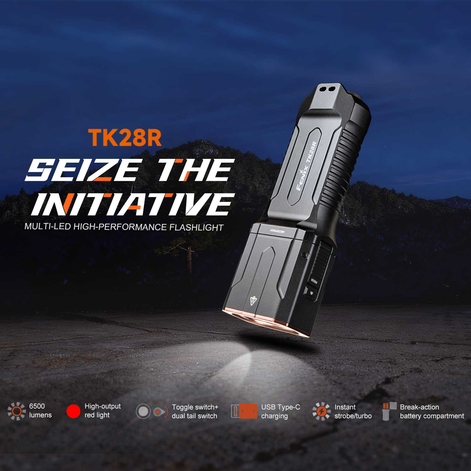 Fenix TK28R – Jagd Taschenlampe mit Rotlicht und Weißlicht 6500 Lumen Akku USB-C – Detailansicht