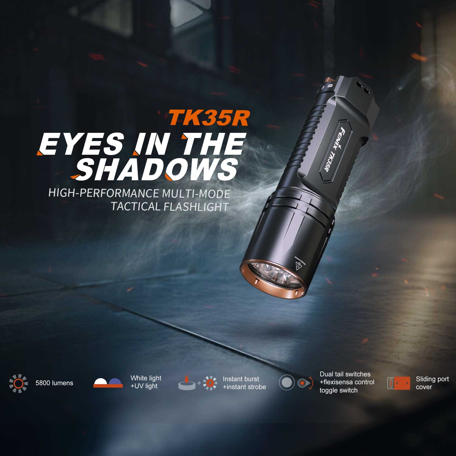 Fenix TK35R – Polizei Taschenlampe mit UV-Licht & Weißlicht 5800 Lumen Akku & USB-C – Detailansicht