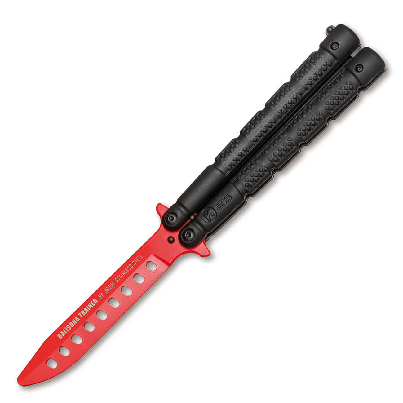 K25 Balisong Trainer Schwarz - Stumpfes Butterfly Trainingsmesser im Nylonetui