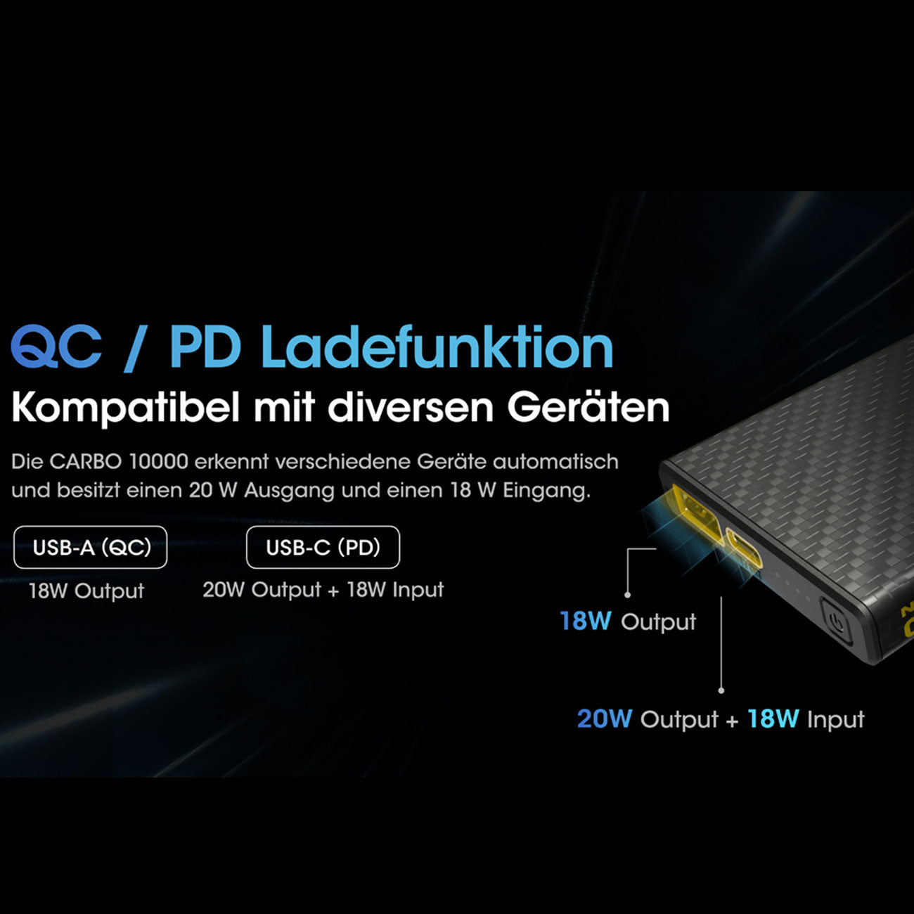 Nitecore CARBO10000 - ultrarobuste 10000mAh Powerbank, Carbongehäuse, 157g – Detailansicht
