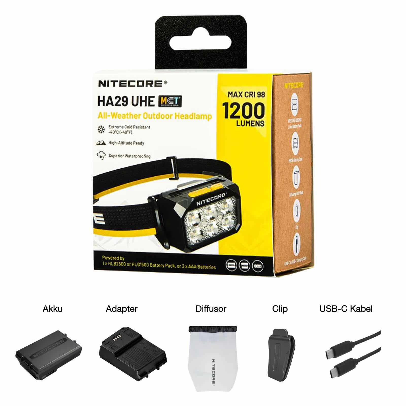 Nitecore HA29 UHE – Stirnlampe mit 3 Lichtfarben, 1200 lm, Rotlicht, USB-C Akku