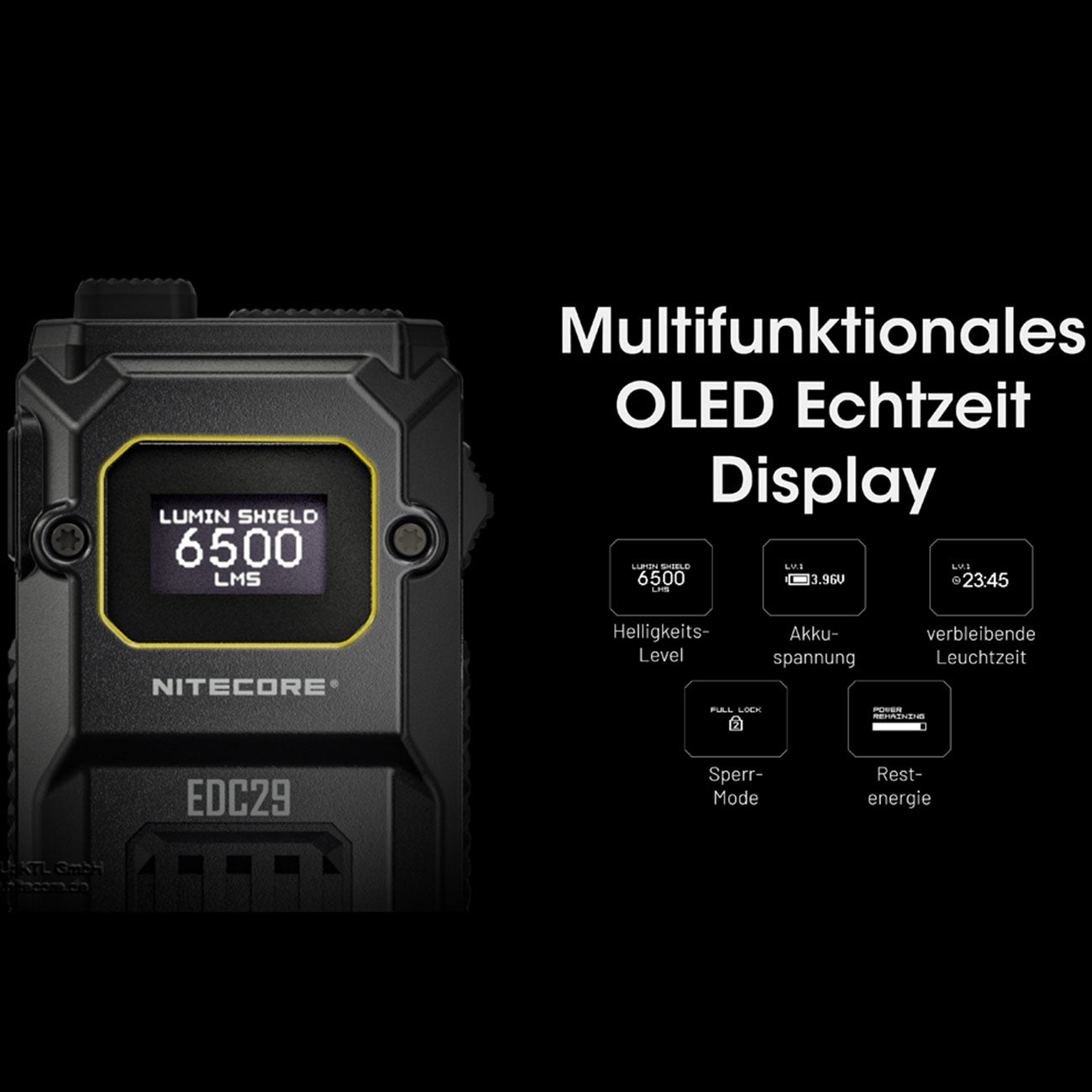 Nitecore EDC29 - LED Taschenlampe 6500 Lumen Spot & Flutlicht USB-C OLED Display – Detailansicht