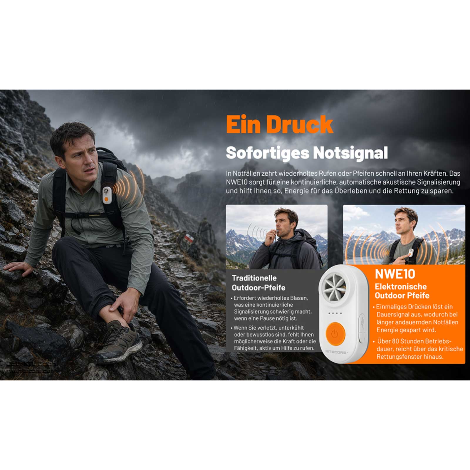 Nitecore NWE10 – elektronisches Notsignalgerät mit 126 dB, SOS & Beacon