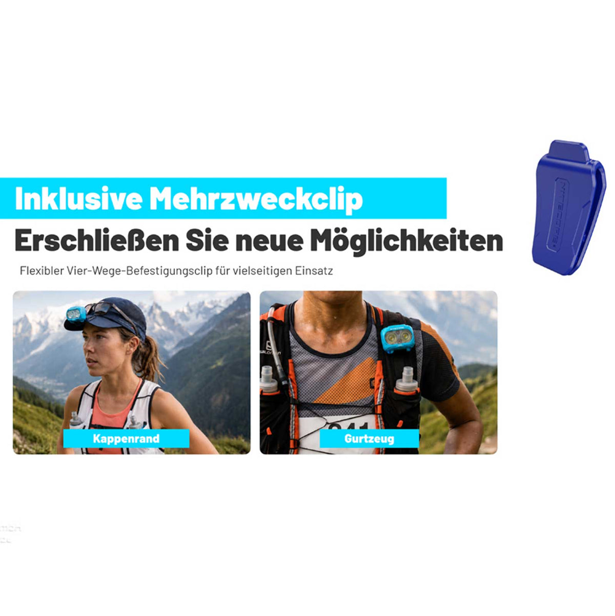 Nitecore UT27 MB – Trailrunning Stirnlampe mit 800 Lumen, 150 Lumen Rotlicht, USB-C-Akku. Ansicht der Kopflampe mit Befestigungsclip.