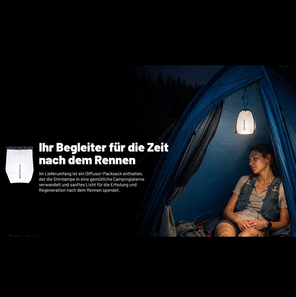 Nitecore UT27 MB – Trailrunning Stirnlampe mit 800 Lumen, 150 Lumen Rotlicht, USB-C-Akku. Anwendungsdarstellung im Zelt mit Diffusor.