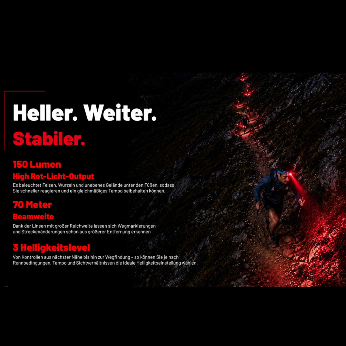 Nitecore UT27 MB – Trailrunning Stirnlampe mit 800 Lumen, 150 Lumen Rotlicht, USB-C-Akku. Darstellung der Rotlichtfunktion mit bis zu 150 Lumen.