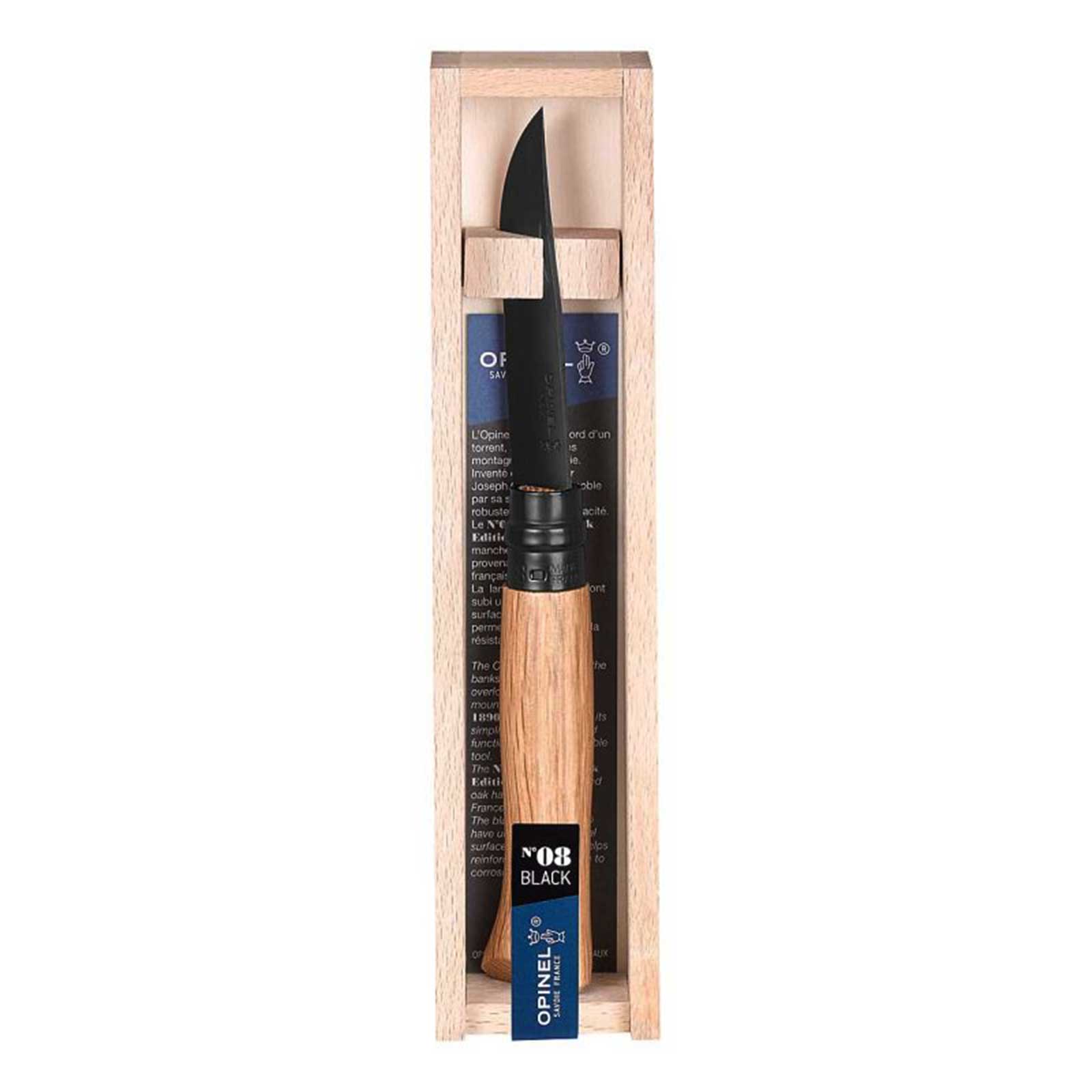 Opinel No. 08 Black Oak – Taschenmesser mit Eichenholzgriff und Holz-Geschenkbox – Detailansicht