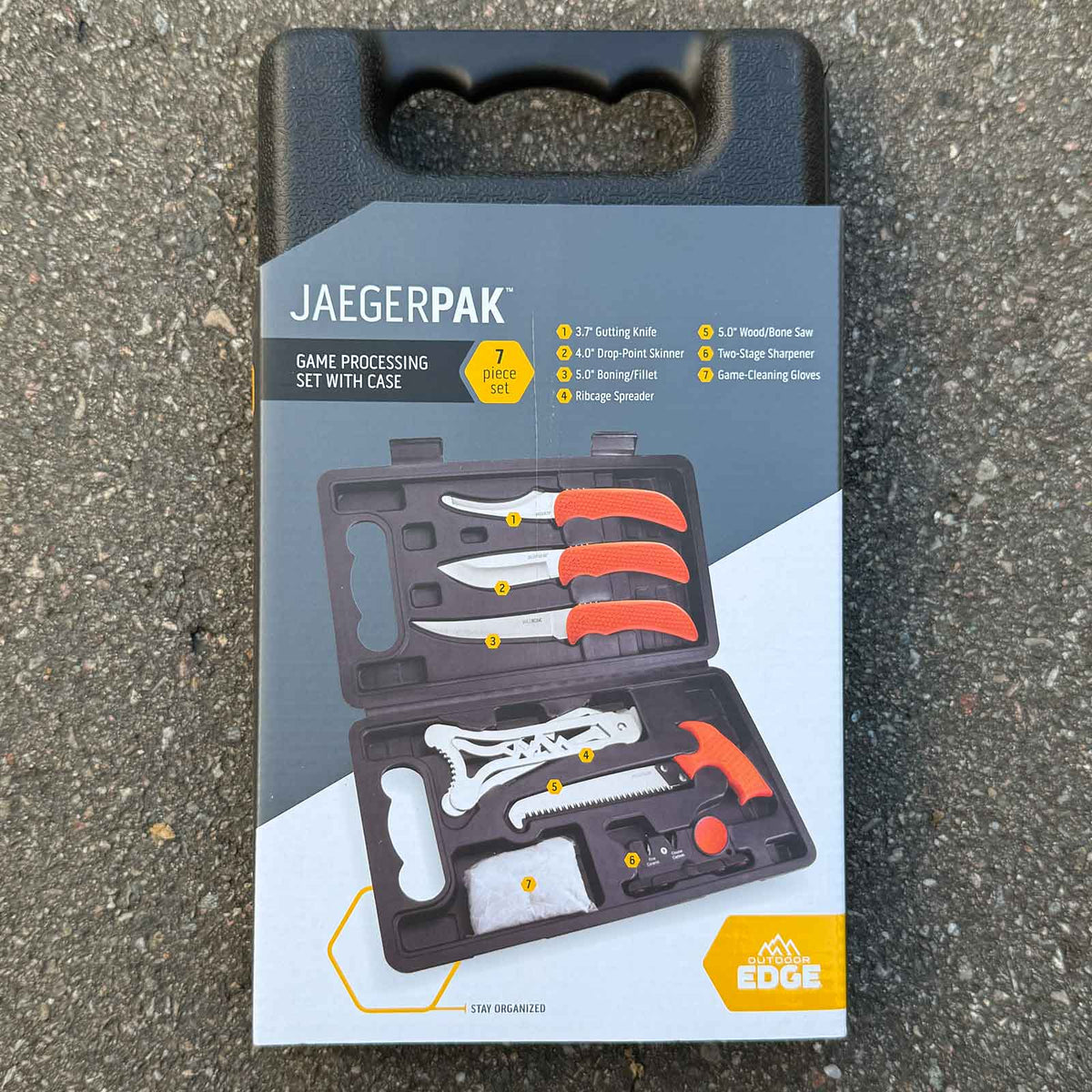 Outdoor Edge Jaeger Pak – 8-teiliges Jagd-Zerwirkset mit Knochensäge & Koffer – Detailansicht