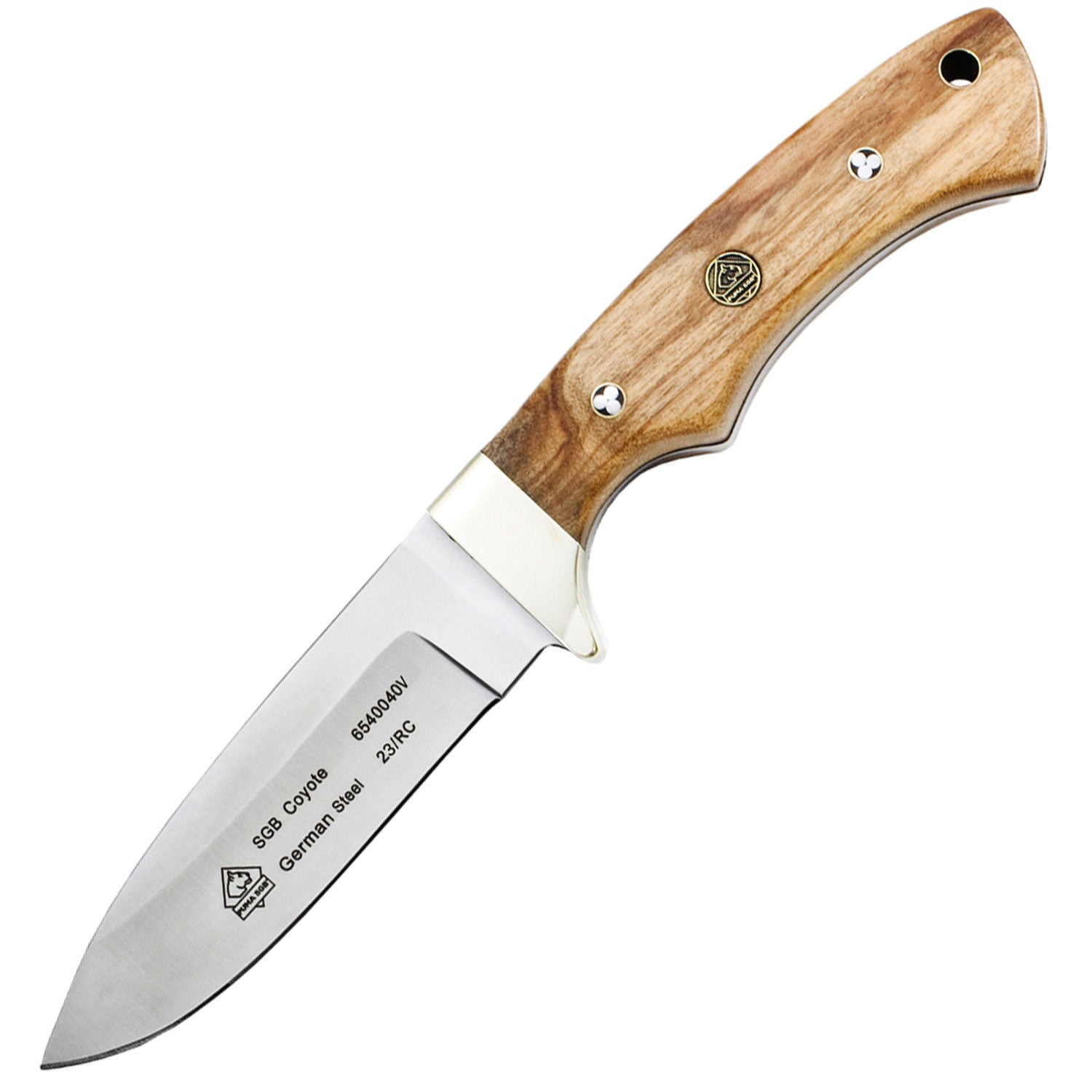 Puma SGB Coyote Outdoor Messer mit Olivenholz Griffschalen & handgenähter Lederscheide – Detailansicht