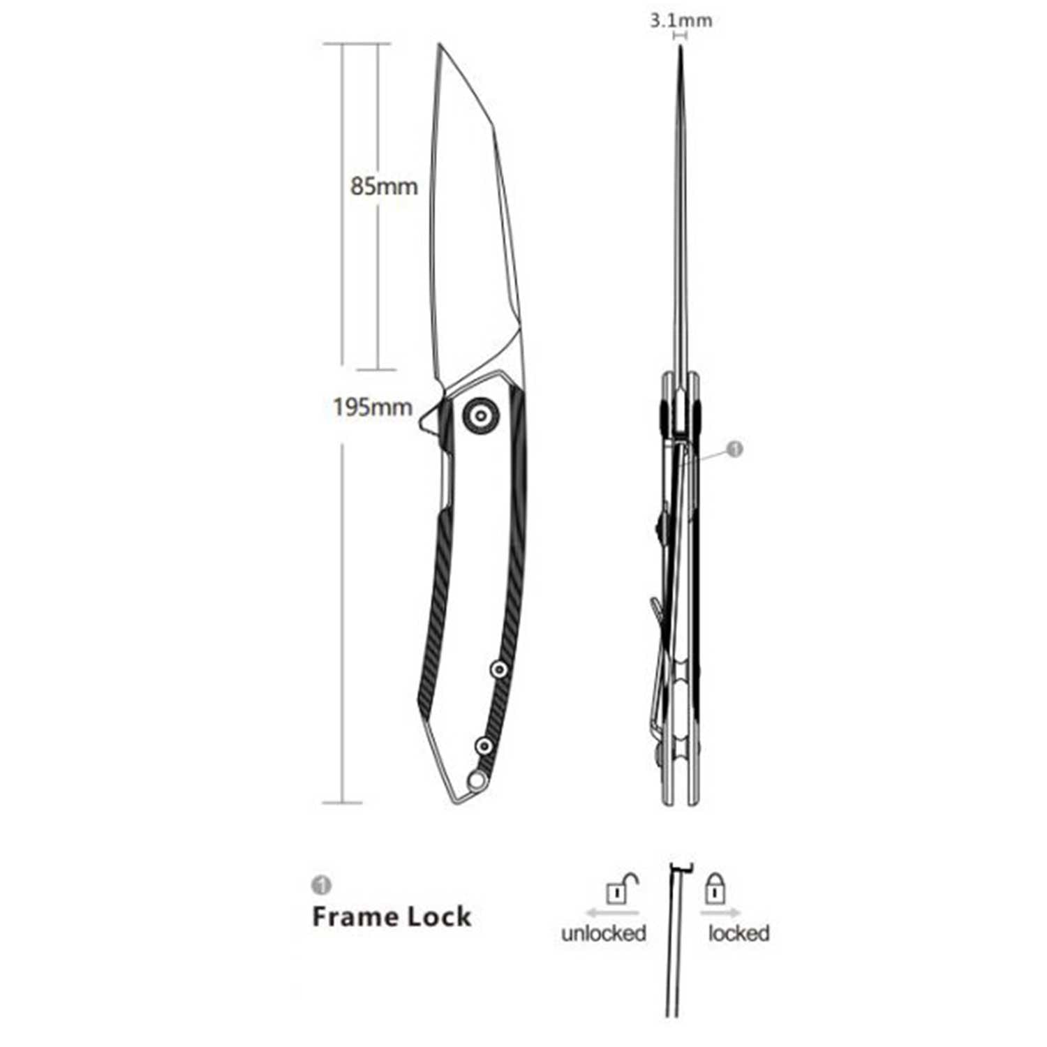 Ruike P831S-SB – Stonewash Taschenmesser mit Reverse-Tanto Klinge & Tip-Up Clip – Detailansicht